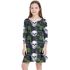 Green Roses And Skull - Romantic Halloween   Kids  Quarter Sleeve Skater Dress by ConteMonfrey