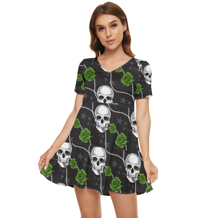 Green Roses And Skull - Romantic Halloween   Tiered Short Sleeve Babydoll Dress