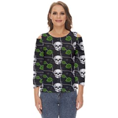 Green Roses And Skull - Romantic Halloween   Cut Out Wide Sleeve Top