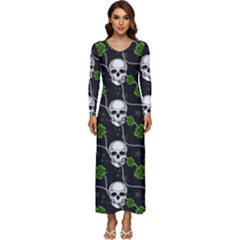 Green Roses And Skull - Romantic Halloween   Long Sleeve Velour Longline Maxi Dress by ConteMonfrey