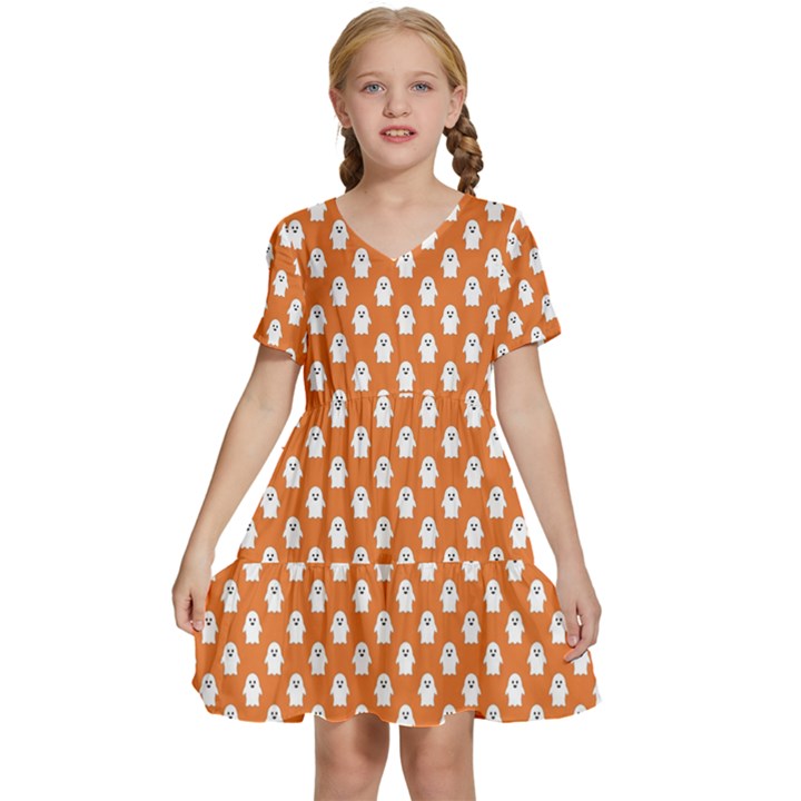 Cute Little Ghosts Halloween Theme Kids  Short Sleeve Tiered Mini Dress