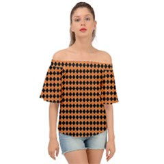 Halloween Black Orange Plaids Off Shoulder Short Sleeve Top by ConteMonfrey