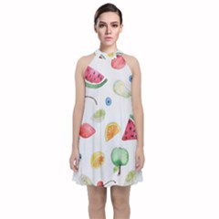 Fruit Summer Vitamin Watercolor Velvet Halter Neckline Dress  by Wegoenart