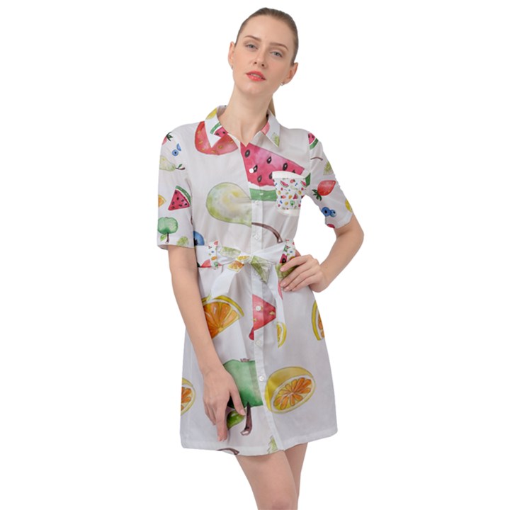 Fruit Summer Vitamin Watercolor Belted Shirt Dress