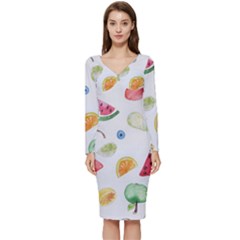 Fruit Summer Vitamin Watercolor Long Sleeve V-neck Bodycon Dress  by Wegoenart