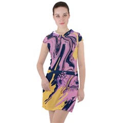 Pink Black And Yellow Abstract Painting Drawstring Hooded Dress by Wegoenart