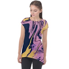 Pink Black And Yellow Abstract Painting Cap Sleeve High Low Top by Wegoenart