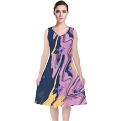 Pink Black And Yellow Abstract Painting V-neck Midi Sleeveless Dress  by Wegoenart