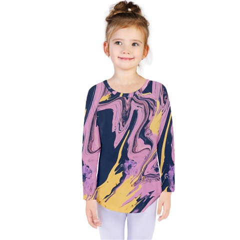 Pink Black And Yellow Abstract Painting Kids  Long Sleeve Tee by Wegoenart