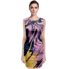 Pink Black And Yellow Abstract Painting Sleeveless Velvet Midi Dress by Wegoenart