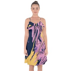 Pink Black And Yellow Abstract Painting Ruffle Detail Chiffon Dress by Wegoenart