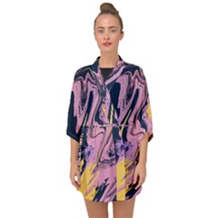 Pink Black And Yellow Abstract Painting Half Sleeve Chiffon Kimono by Wegoenart