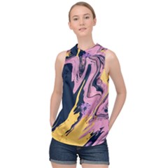 Pink Black And Yellow Abstract Painting High Neck Satin Top by Wegoenart