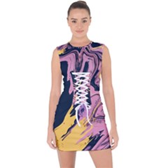 Pink Black And Yellow Abstract Painting Lace Up Front Bodycon Dress by Wegoenart