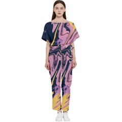 Pink Black And Yellow Abstract Painting Batwing Lightweight Chiffon Jumpsuit by Wegoenart