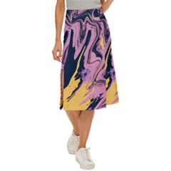 Pink Black And Yellow Abstract Painting Midi Panel Skirt by Wegoenart