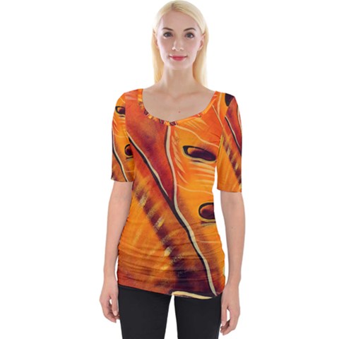 Orange Leaves Nature Pattern Wide Neckline Tee by Wegoenart