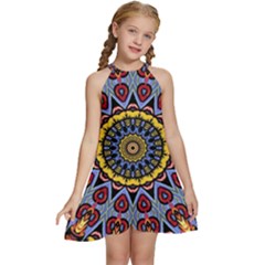 Kaleidoscope Mandala Colorful Kids  Halter Collar Waist Tie Chiffon Dress by Wegoenart