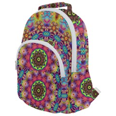 Rosette Mandala Ornament Wallpaper Rounded Multi Pocket Backpack by Wegoenart