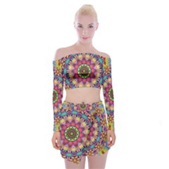 Rosette Mandala Ornament Wallpaper Off Shoulder Top With Mini Skirt Set by Wegoenart