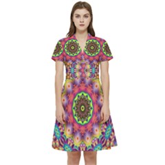 Rosette Mandala Ornament Wallpaper Short Sleeve Waist Detail Dress by Wegoenart