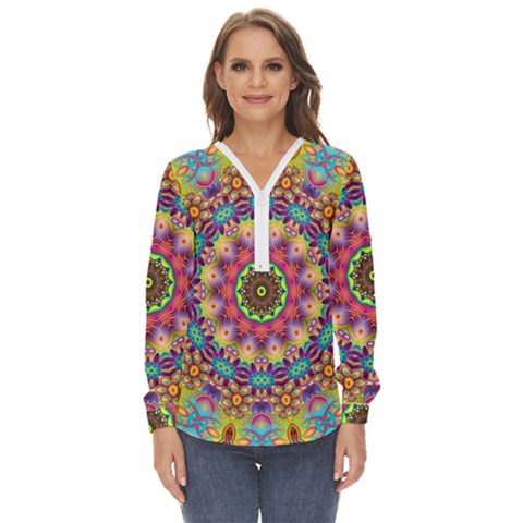 Rosette Mandala Ornament Wallpaper Zip Up Long Sleeve Blouse by Wegoenart