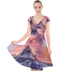 Mountain Cosmos Universe Nature Cap Sleeve Front Wrap Midi Dress by Wegoenart