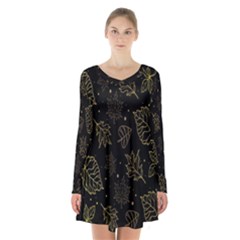 Leaves-01 Long Sleeve Velvet V-neck Dress