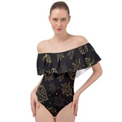 Leaves-01 Off Shoulder Velour Bodysuit  by nateshop