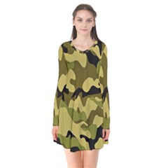 Army Camouflage Texture Long Sleeve V-neck Flare Dress by nateshop