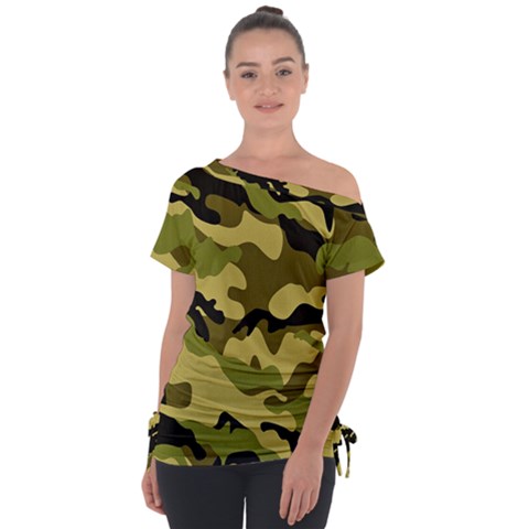 Army Camouflage Texture Off Shoulder Tie-up Tee by nateshop