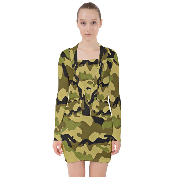 Army Camouflage Texture V-neck Bodycon Long Sleeve Dress