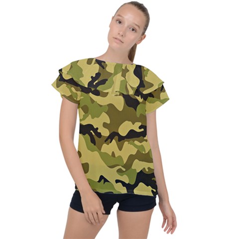 Army Camouflage Texture Ruffle Collar Chiffon Blouse by nateshop