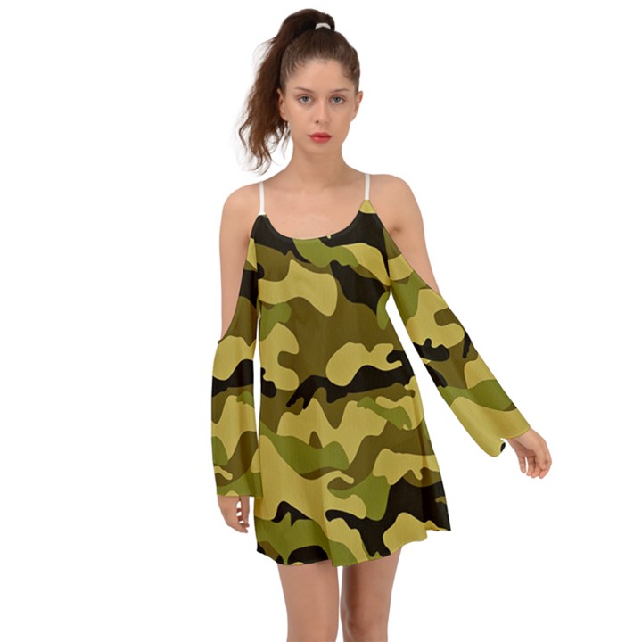 Army Camouflage Texture Kimono Sleeves Boho Dress