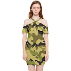 Army Camouflage Texture Shoulder Frill Bodycon Summer Dress by nateshop