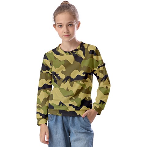 Army Camouflage Texture Kids  Long Sleeve Tee With Frill  by nateshop