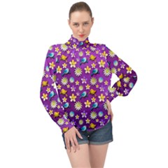 Pattern High Neck Long Sleeve Chiffon Top by nateshop