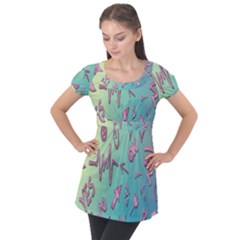 Pink Yes Bacground Puff Sleeve Tunic Top by nateshop