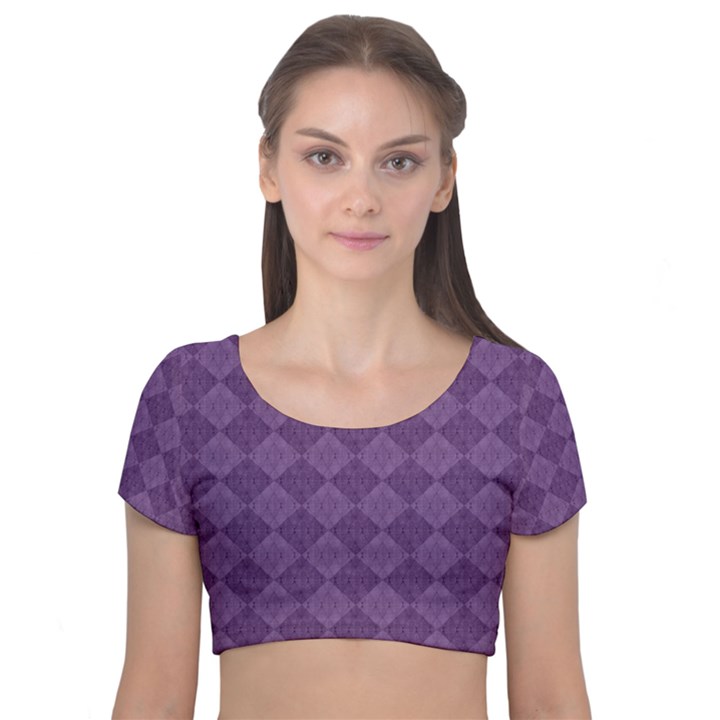 Purple Velvet Short Sleeve Crop Top 