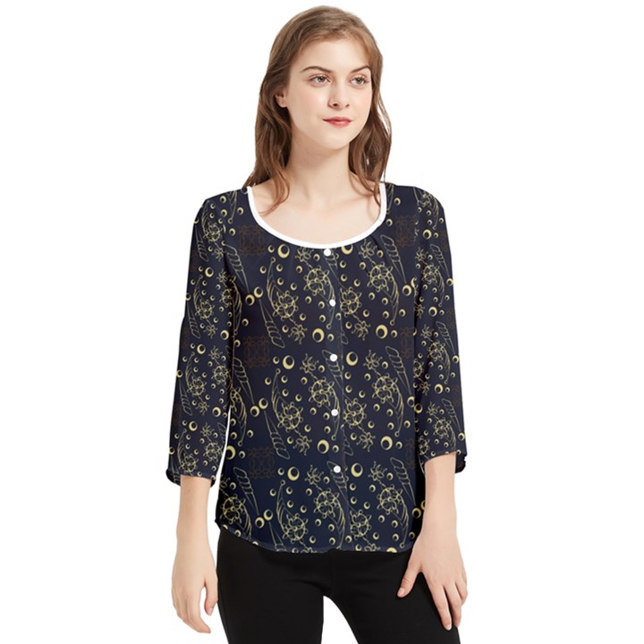 Seamless-pattern Chiffon Quarter Sleeve Blouse