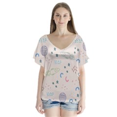 Space V-neck Flutter Sleeve Top by nateshop