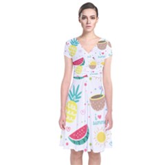 Pineapple And Watermelon Summer Fruit Short Sleeve Front Wrap Dress