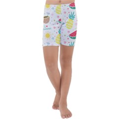 Pineapple And Watermelon Summer Fruit Kids  Lightweight Velour Capri Yoga Leggings