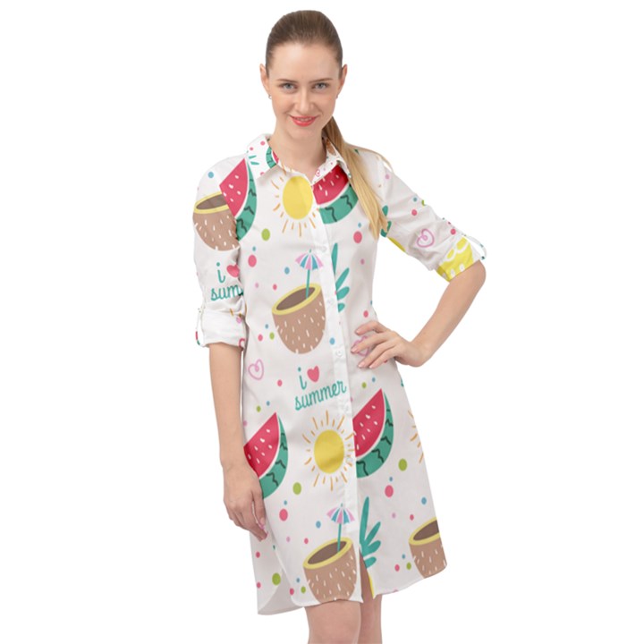 Pineapple And Watermelon Summer Fruit Long Sleeve Mini Shirt Dress