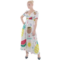 Pineapple And Watermelon Summer Fruit Button Up Short Sleeve Maxi Dress