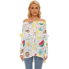 Pineapple And Watermelon Summer Fruit Off Shoulder Chiffon Pocket Shirt