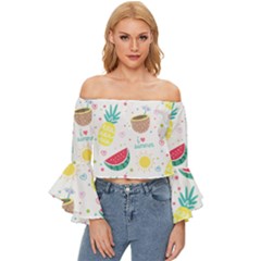 Pineapple And Watermelon Summer Fruit Off Shoulder Flutter Bell Sleeve Top