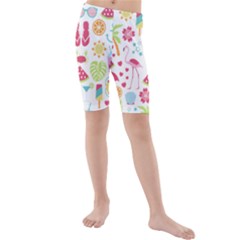 Flamingo Bird Nature Illustration Summer Beach Kids  Mid Length Swim Shorts