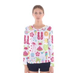 Flamingo Bird Nature Illustration Summer Beach Women s Long Sleeve Tee