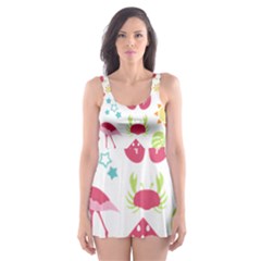 Flamingo Bird Nature Illustration Summer Beach Skater Dress Swimsuit